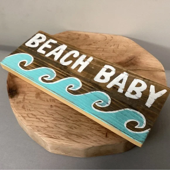🔵 Vintage Hand Painted “Beach Baby” Solid Wood Crafted Sign - Unique - Picture 6 of 11
